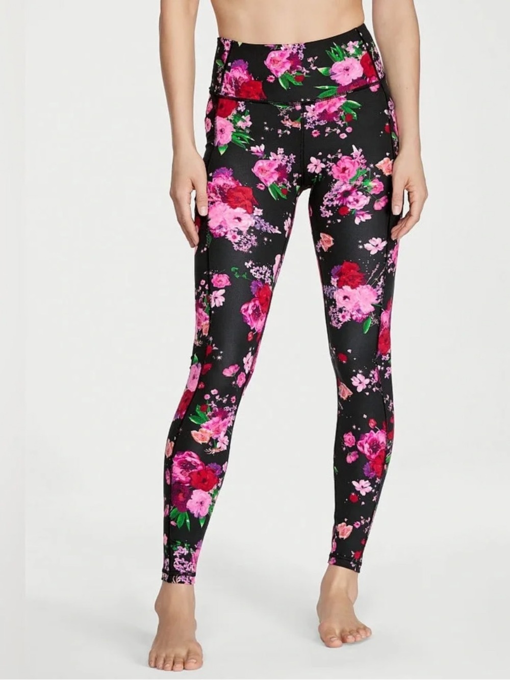 Victoria's Secret Black High-Waist Floral Leggings with Pink Accents